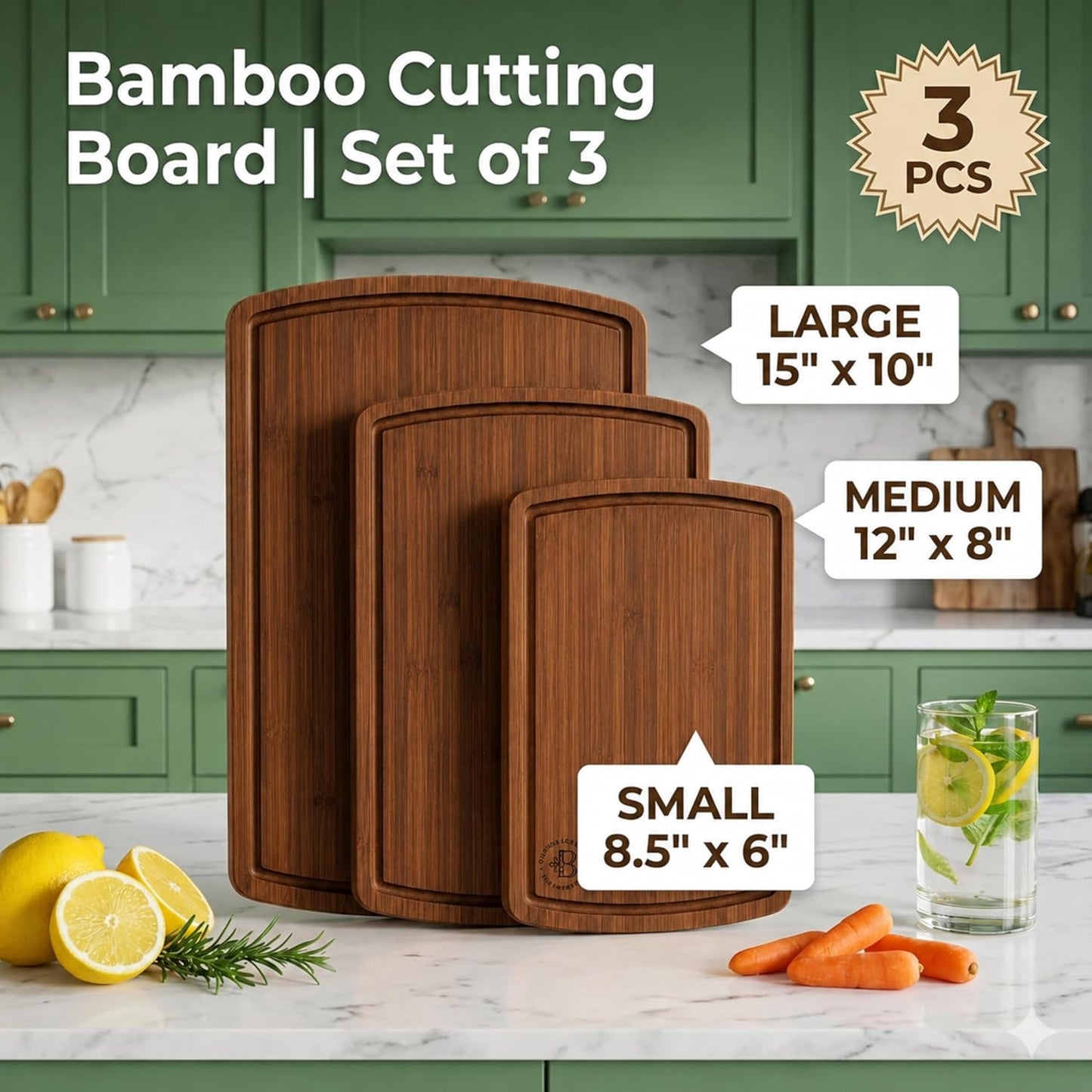 Bamboo Cutting Board Set of 4, Large Cutting Boards for Kitchen, Wood Cutting Board with Juice Groove Side Handles, Wooden Cutting Board for Kitchen, Meat Chopping Board Meal Prep, Serving Charcuterie