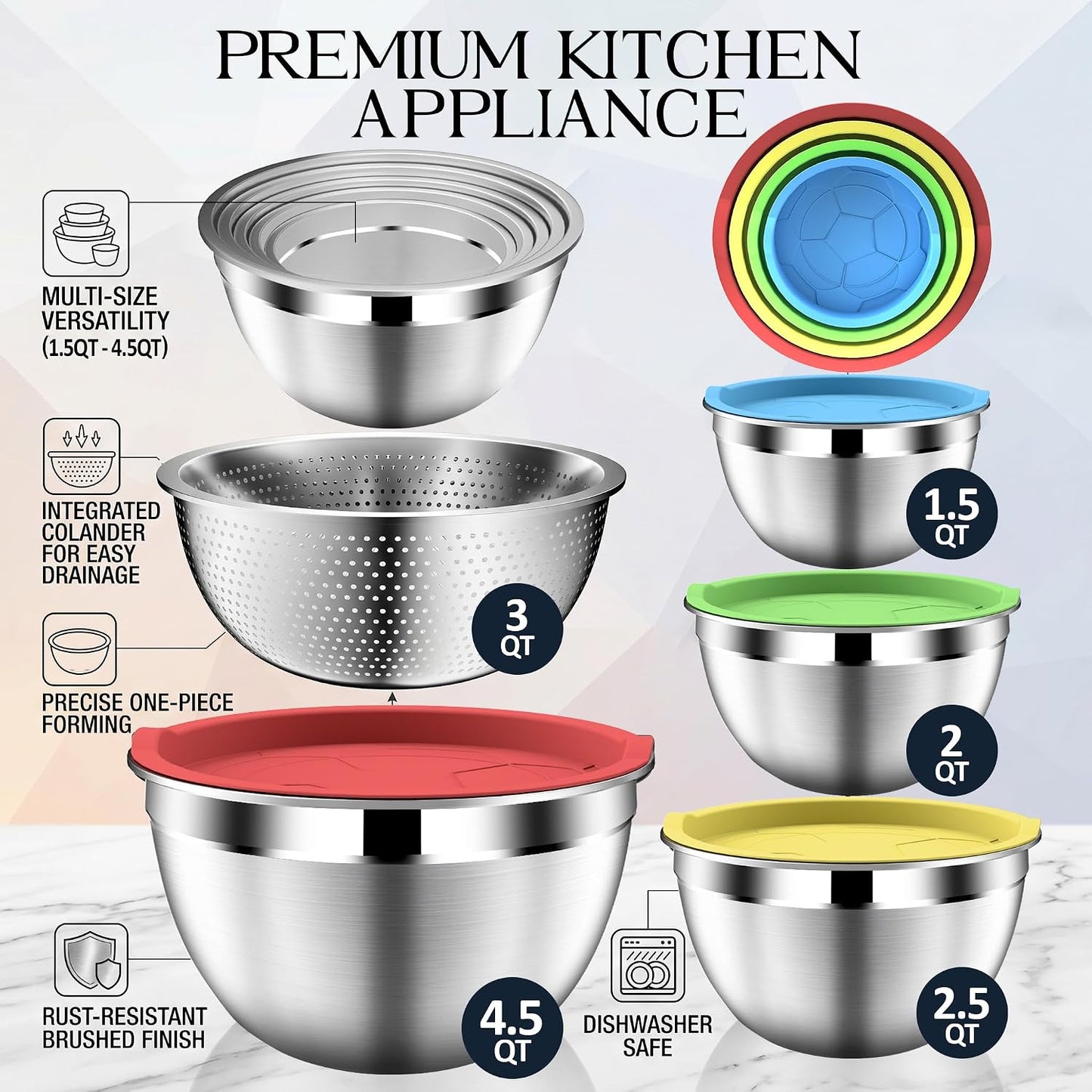 DUTZUN Mixing Bowls with Lids Set - 16pcs Stainless Steel Mixing Bowl Set with Colander, 3 Grater Attachments, Non-Slip Bottom, Metal Nesting Bowls with Strainer for Mixing & Serving - Black