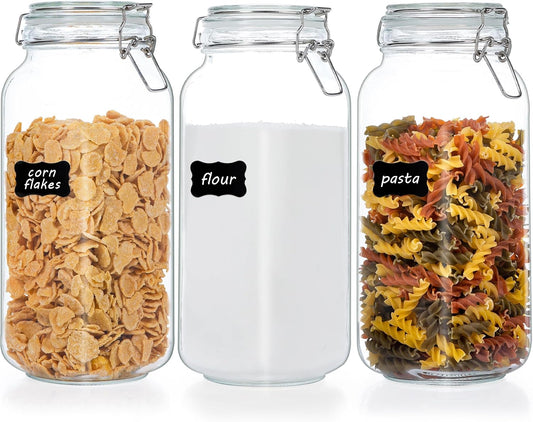 Vtopmart 78oz Glass Food Storage Jars with Airtight Clamp Lids, 3 Pack Large Kitchen Canisters for Flour, Sugar, Cereal, Coffee, Pasta and Canning, Square Mason Jars with 8 Reusable Labels