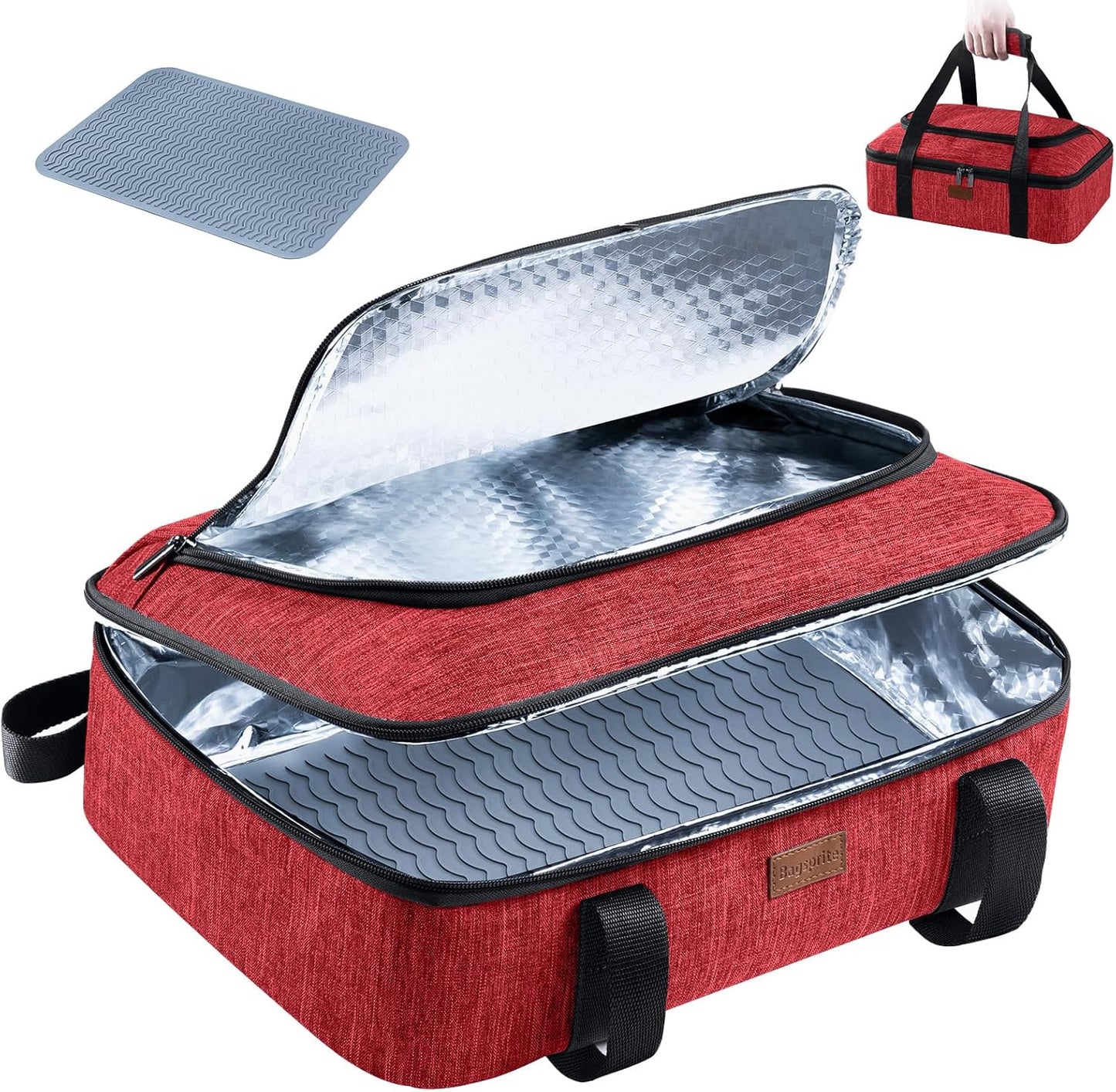 BAGSPRITE Insulated Casserole Carrier for Hot or Cold Food with Heat-resistant Mat, Casserole Dish Carrier Insulated Food Carrier, Hot Food Carrier, Foil Pan Carrier Fits 9" x 13" Baking Dish