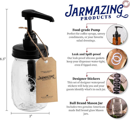 Jarmazing Products Mason Jar Syrup Dispenser - Set of 2 – 16 oz Ball Jars with Rust-Proof, Leak-Proof, Food Grade Pumps for Honey, Syrups, Condiments, Salad Dressings and More
