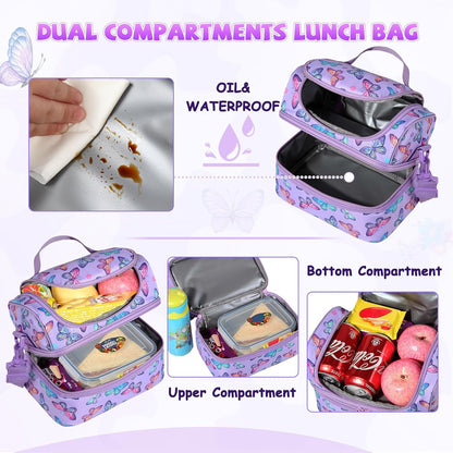 Lunch Bag for Girls,ChaseChic Insulated Lightweight Lunch Boxes for Kids Boys Dual Compartment Lunch Organizer Leak-Proof Cooler Bag with Detachable Adjustable Shoulder Strap,Purple Butterflies