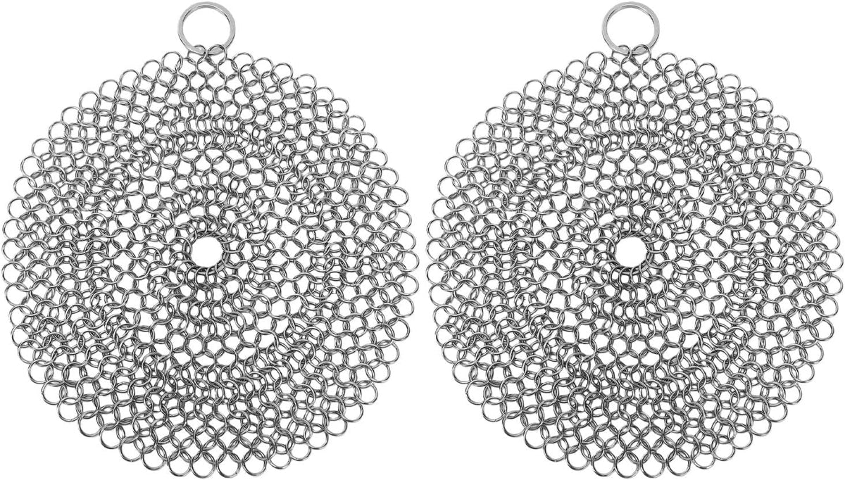 Sanpyl 2 Pcs Stainless Steel Pie Weights, 17.5cm Baking Pie Weights & Chainmail Scrubber, 304 Stainless Steel Skillet Cleaner, 2 Sided Chain for Kitchen, Ideal for Cast Iron Pans (L)