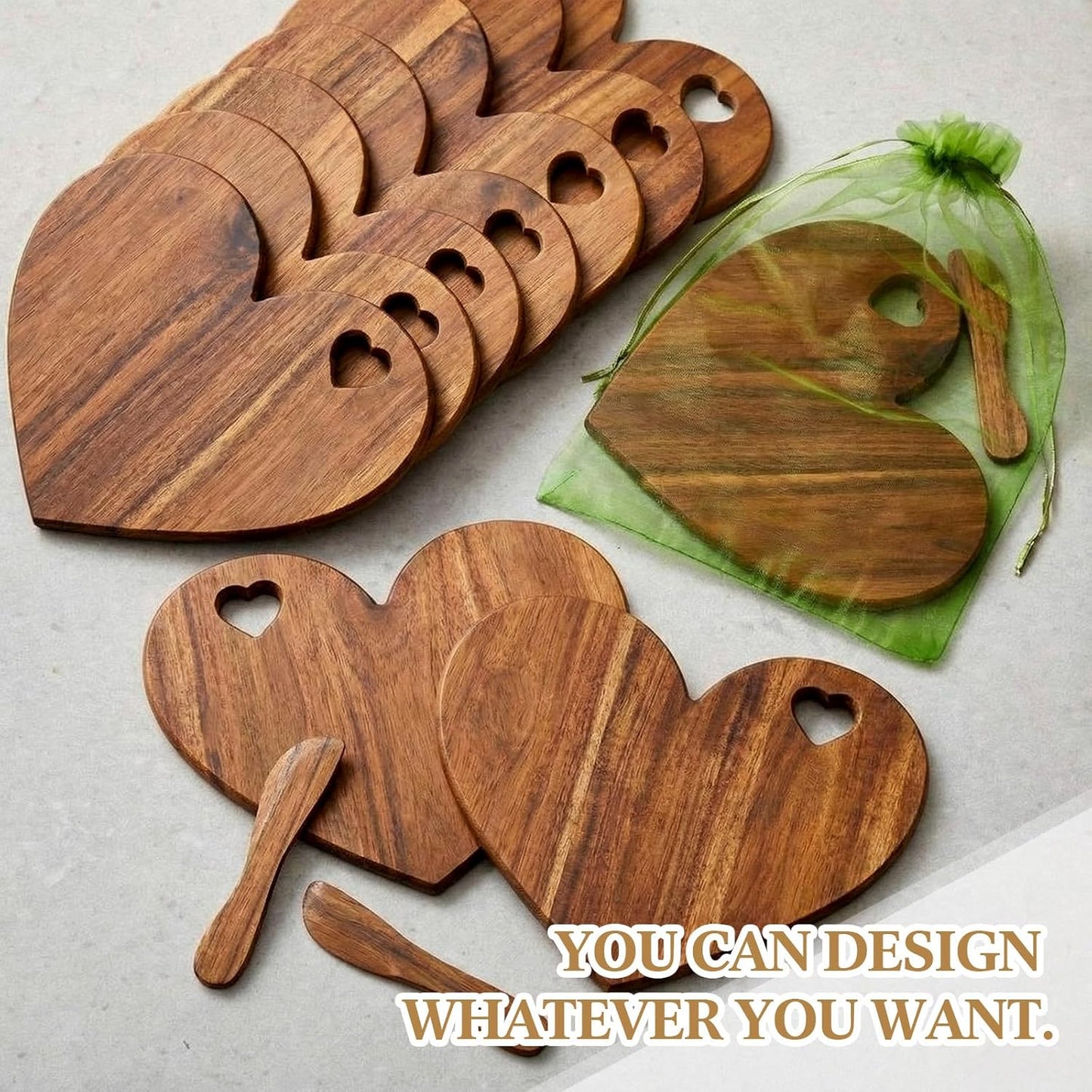 Nuenen 50 Pcs Mini Wooden Charcuterie Board Bulk, Small Wood Cutting Board for Crafts Laser Engraving with Knives Organza Bags Wedding Baby Shower Favors Gift (Square,Bamboo Color)