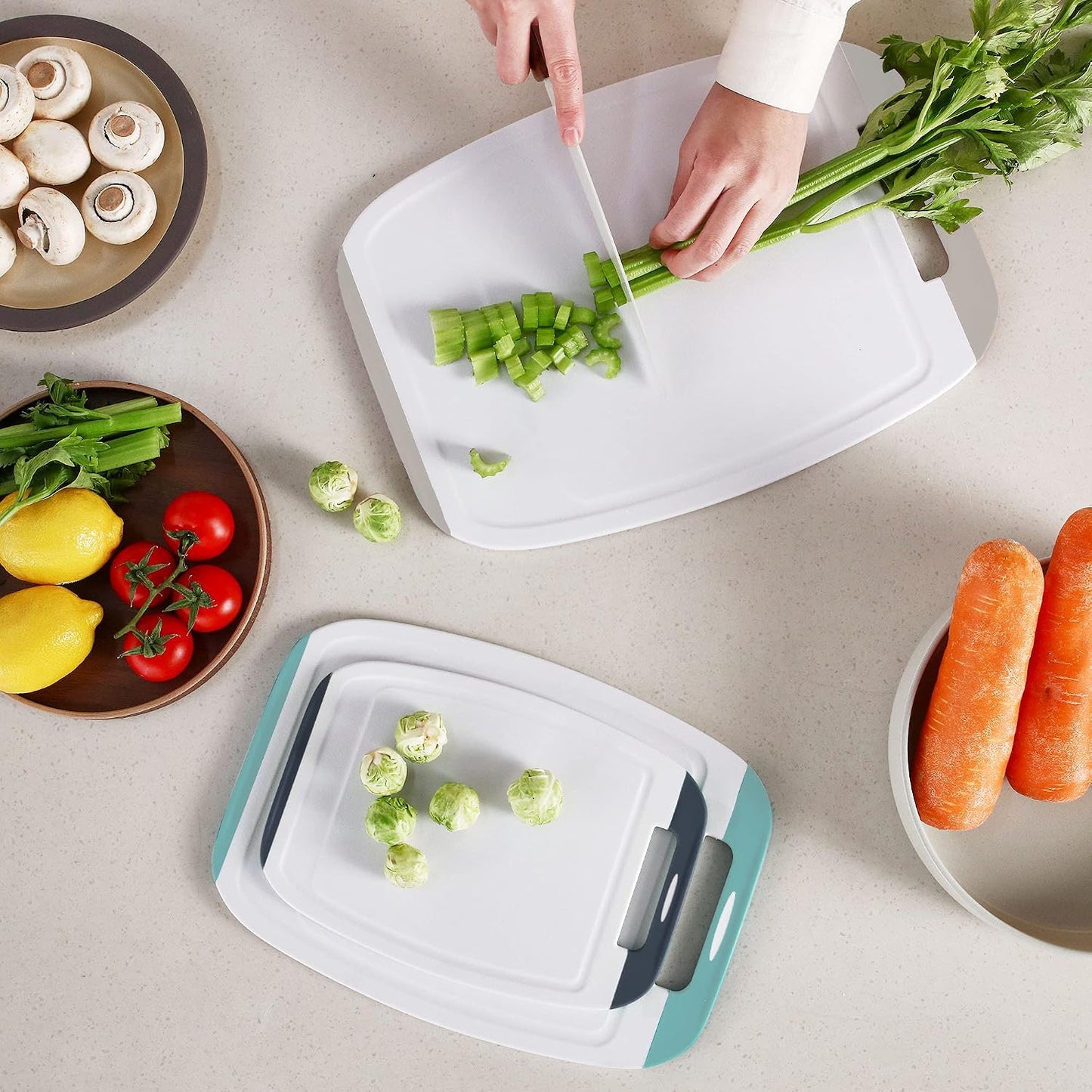 Neoflam Microban Protection Cutting Board 3 Piece Set, Stain & Odor/BPA Free, Reversable Board, Upgraded Larger Juice Groove, Non-Slip EZ Grip Handle, Dishwasher Safe, Pastel