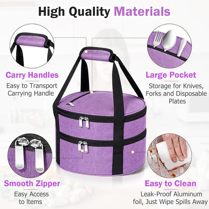 Round Insulated Casserole Carrier – 12" Portable Pie Carrier Bag for Hot or Cold Food, Leakproof Thermal Lunch Tote with Handle for Parties Picnic & Travel - Grey