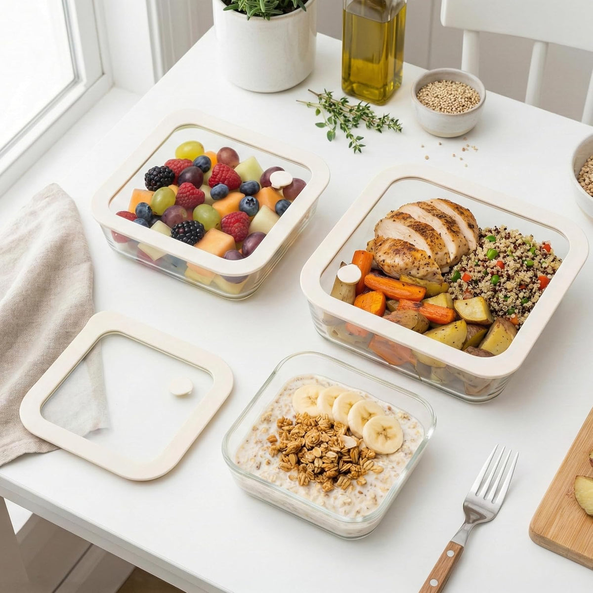 Urban Green Glass Food Container Set with Glass Lid, 3 Pack, Food Storage Containers Set, Airtight, LeakProof, 100% Plastic Free, Meal Prep Containers (White Color)