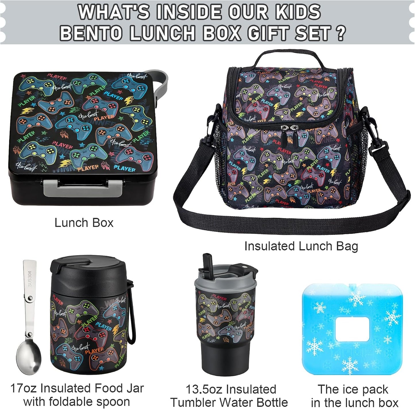 Bento Lunch Box for Kids with 17oz Soup Thermo,Insulated Tumbler Water Bottle and Insulated Lunch Bag,Leak-Proof 3 Compartment Lunch Food Container with Ice Pack for Kids to School-Horse