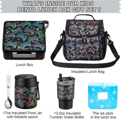 Bento Lunch Box for Kids with 17oz Soup Thermo,Insulated Tumbler Water Bottle and Insulated Lunch Bag,Leak-Proof 3 Compartment Lunch Food Container with Ice Pack for Kids to School-Horse