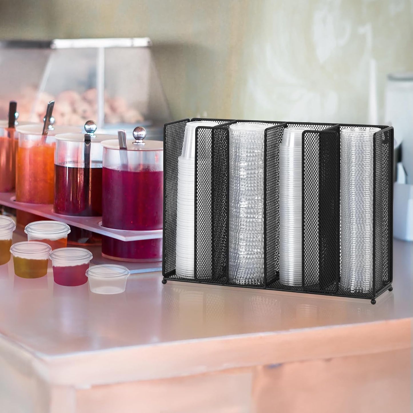 Sauce Cup Lid Organizer Wall Mount or Countertop, Disposable Plastic Portion Cup Holder Dispenser for Kitchen Restaurant Buffet, Fit 2 oz to 5.5 oz Jello Shot Cups & Condiment Cups, Black