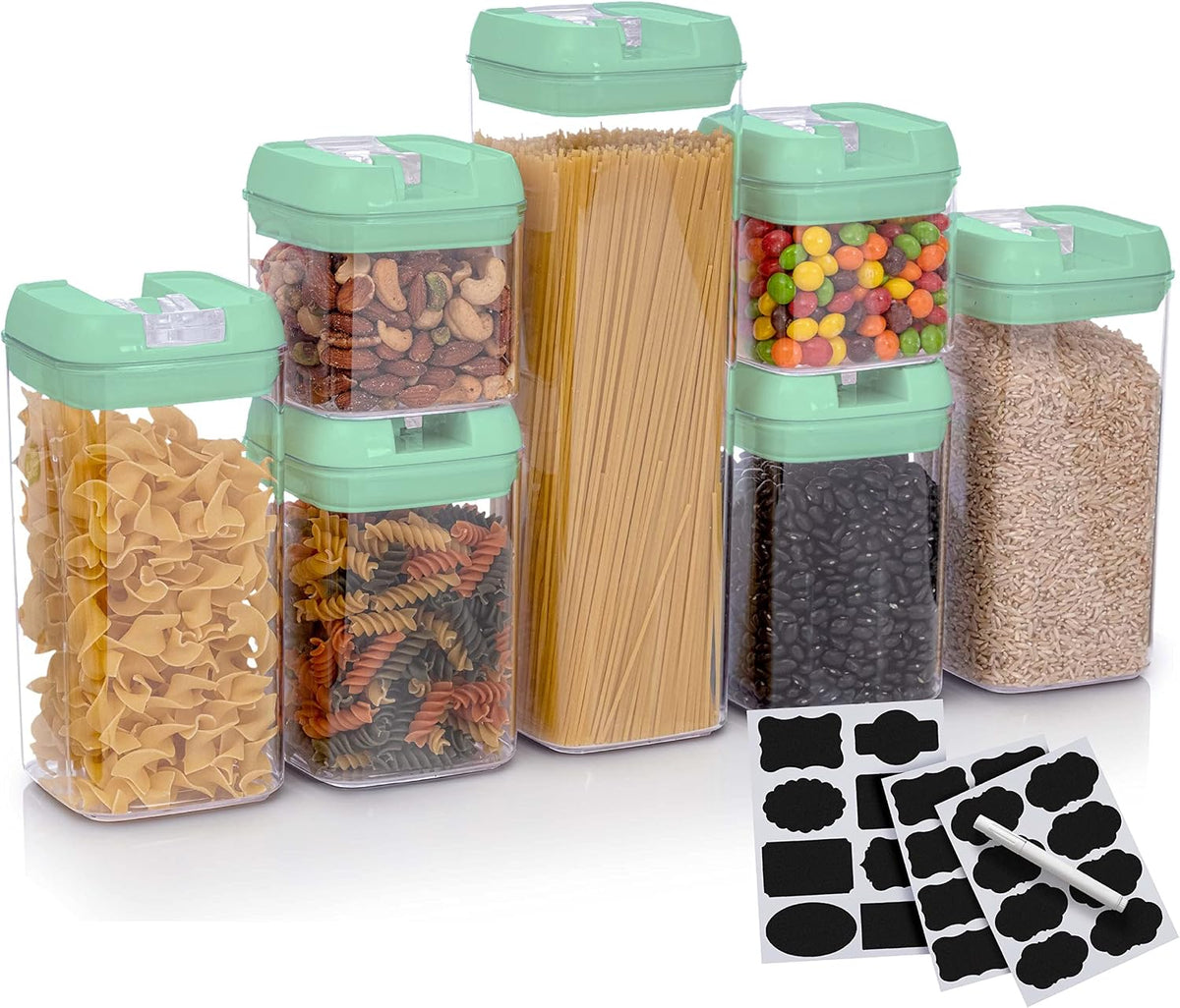 Set of 7 Airtight Food Storage Containers - Pantry Organizer Bins, BPA Free Plastic Containers plus Dry Erase Marker and Labels, White