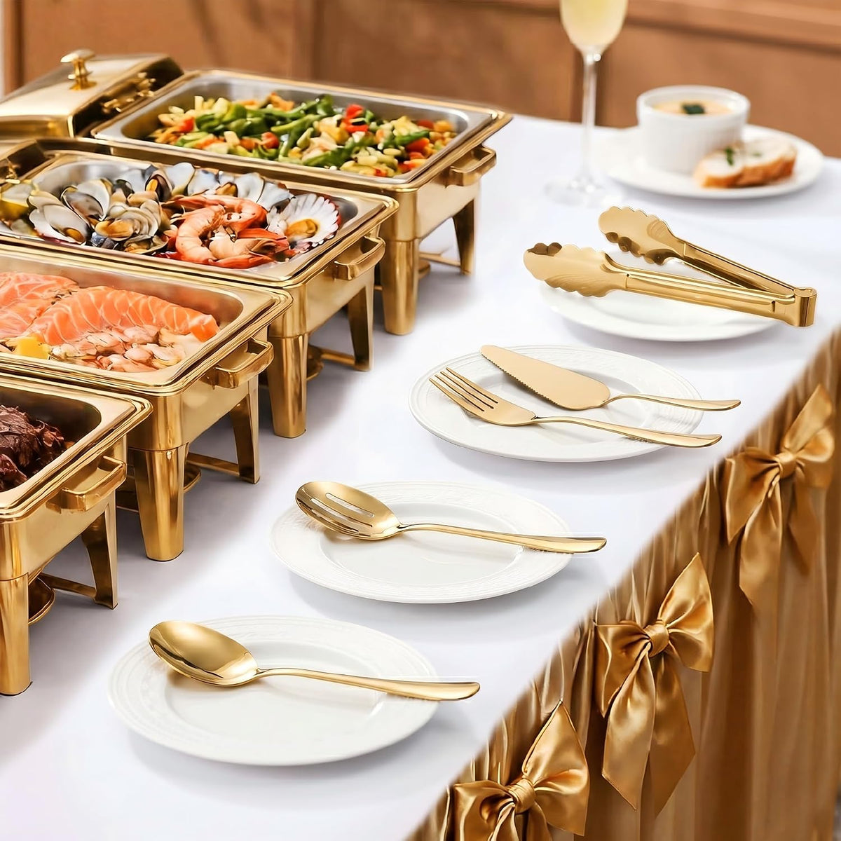 11PCS Stainless Steel Gold Serving Utensils, 8.7''Serving Spoons,8.7''Slotted Spoons, Serving Fork, 9'' Serving Tongs,Cake Server,Hostess Serving Set for Chafing Dish Buffet Catering Parties