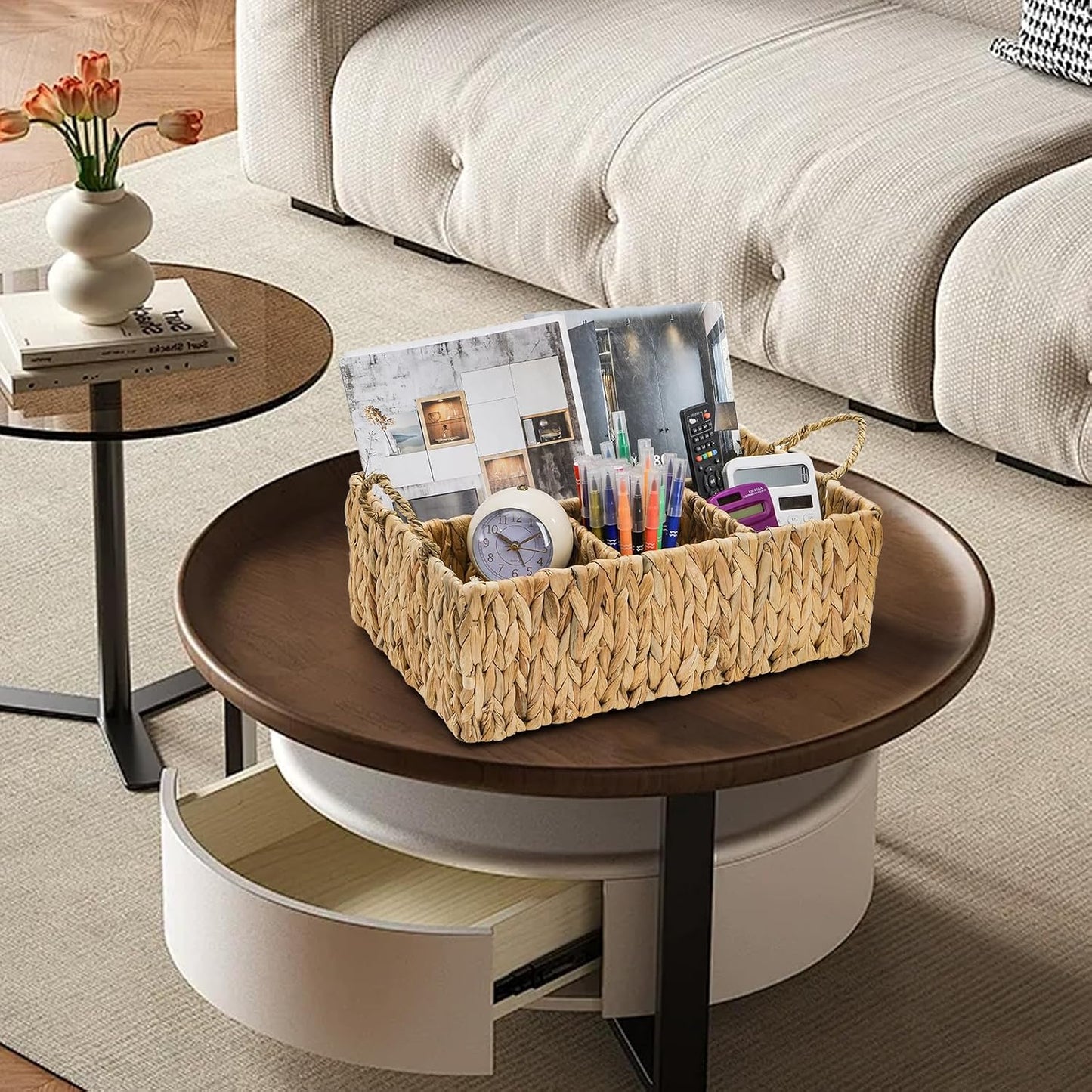 Divided Water Hyacinth Storage Basket, 4 Section Natural Wicker Storage Bin, Woven Storage Organizer with Handle, Large Basket for Shelves Countertop Bathroom Pantry, 16" L x 10.5" W x 5.5" H