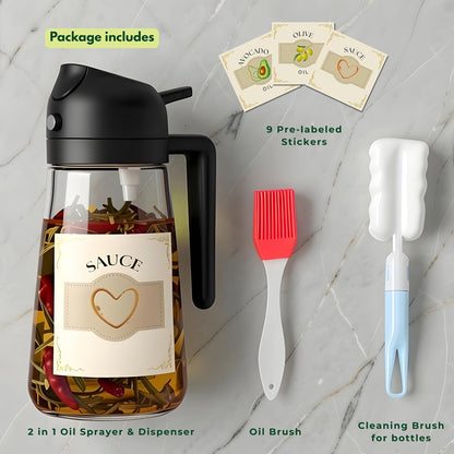Glass Olive Oil Sprayer for Cooking 16oz/470ml – Transparent 2-in-1 Glass Oil Sprayer & Dispenser with 9 Labeled Stickers, Kitchen Gadgets & Air Fryer Accessories, Olive Oil Dispenser – Black
