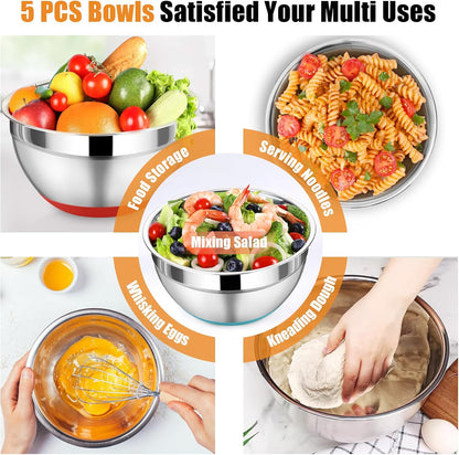 P&P CHEF Mixing Bowl with Lid Set, 5 Piece Stainless Steel Mixing Nesting Bowls for Salad Storage, 3 Grater Attachments & Non-Slip Bottoms, Size 1/1.5/2 / 2.6/4.6 QT, Black