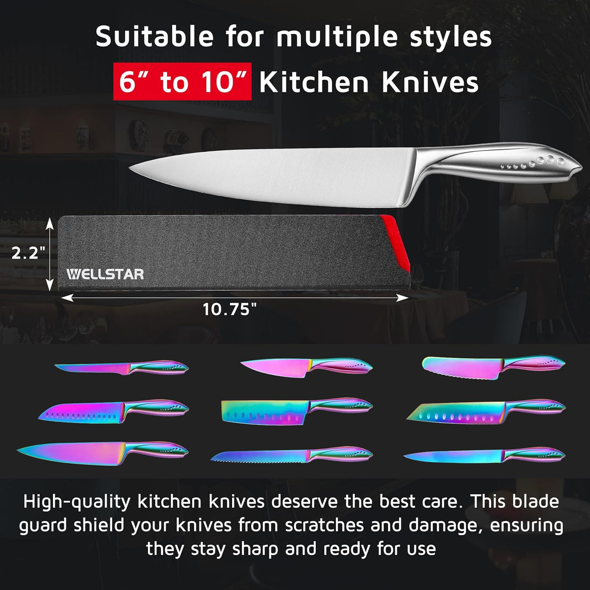 WELLSTAR Knife Edge Guards 8 Inch, Universal Blade Covers, BPA Free ABS Protective Blade Sheaths, Non-Scratch Felt Lining Kitchen Knives Covers (Knives not included)