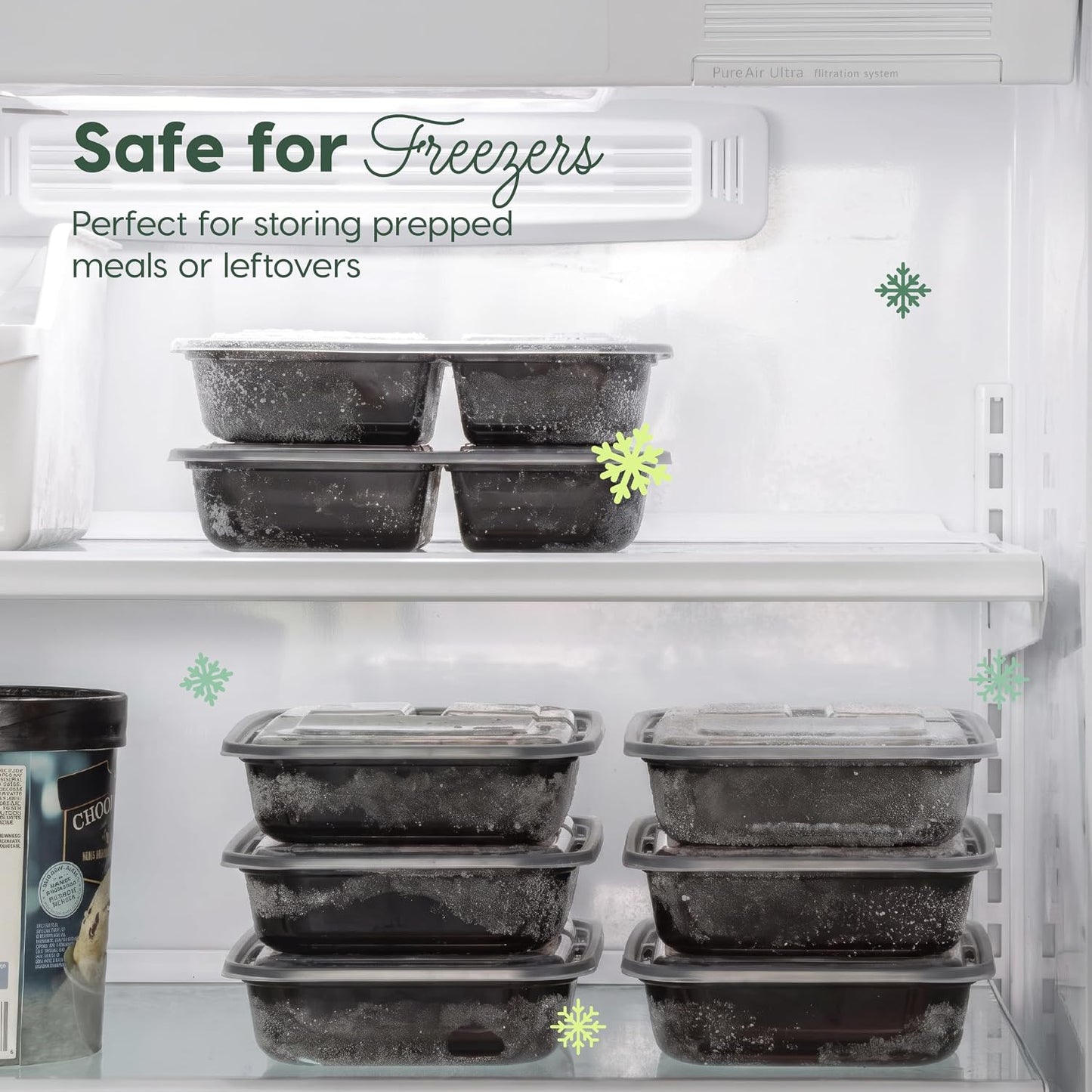 IRIS USA Meal Prep Containers, 36oz - 50 Pack (100-Piece) 3-Compartment Reusable Food Storage Containers with Lids, Plastic Kitchen Food Prep To Go Lunch Box, Microwave Freezer Dishwasher Safe, Black