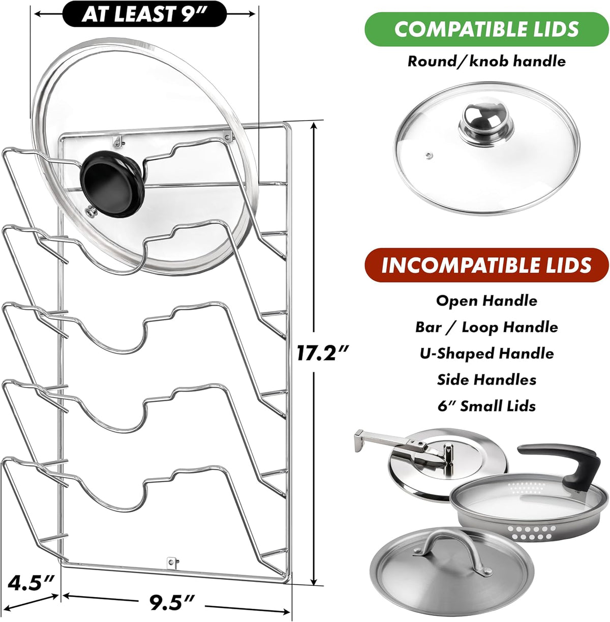 Simple Houseware Wall Door Mounted Pot Lid Rack Organizer, Chrome Finish