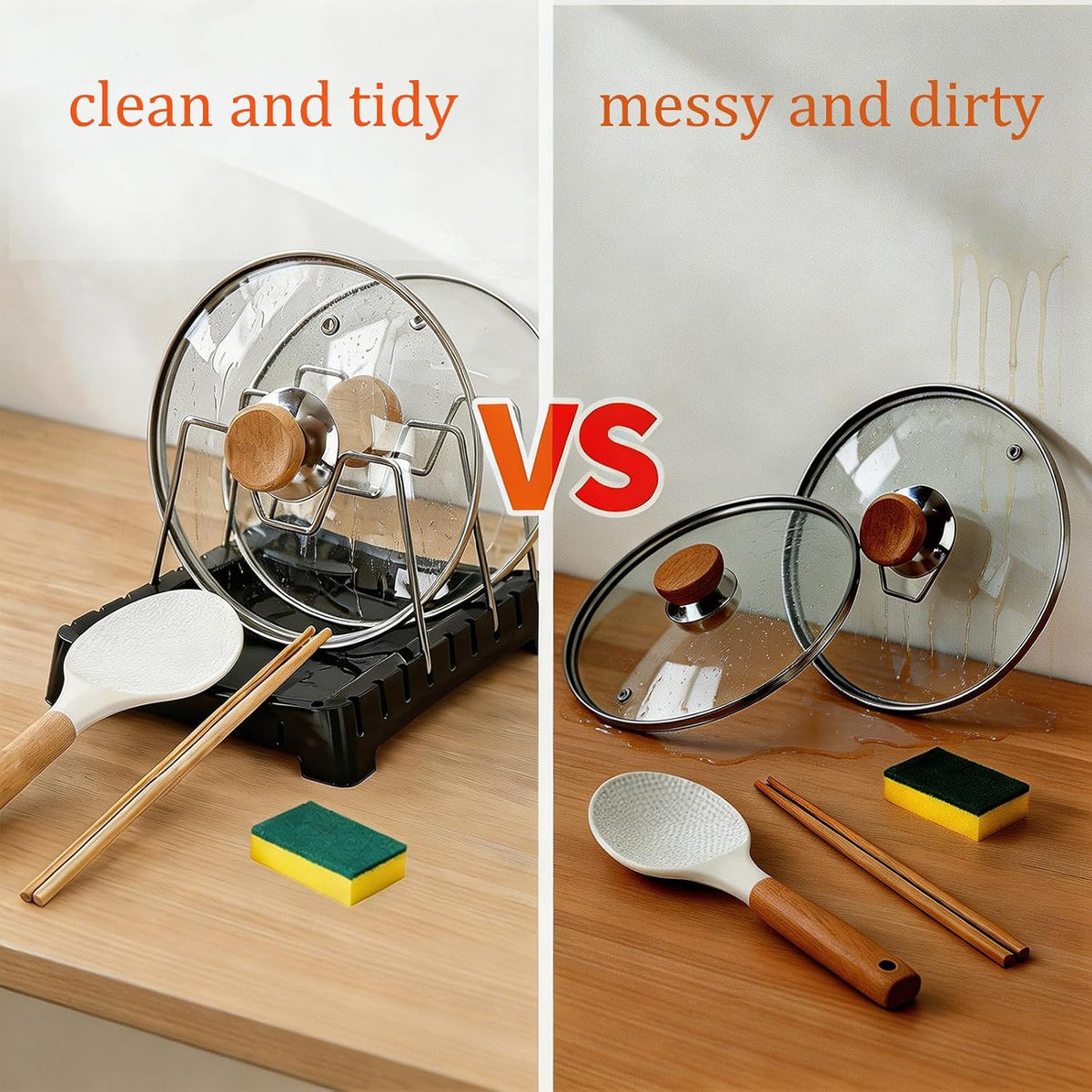 Uidhch Adjustable Pot Lid Holder for Countertop with Drip Tray