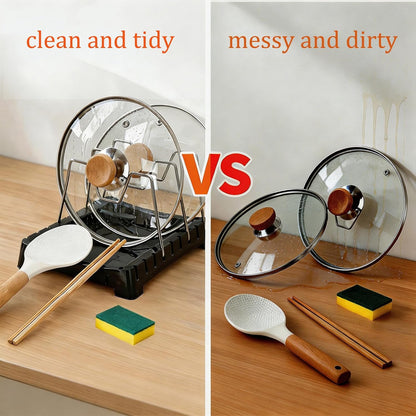 Uidhch Adjustable Pot Lid Holder for Countertop with Drip Tray