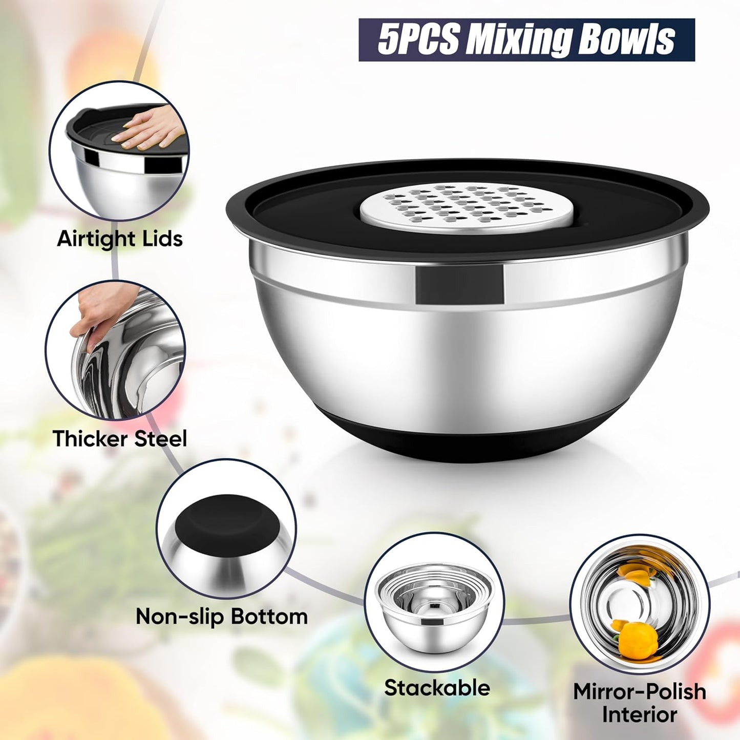 E-far Stainless Steel Mixing Bowls with Lids Set, 5-Piece Nesting Salad Bowls with 3 Grater Attachments and Non-Slip Bottoms, Size 4.6, 2.6, 2, 1.5, 1QT for Kitchen (Khaki)