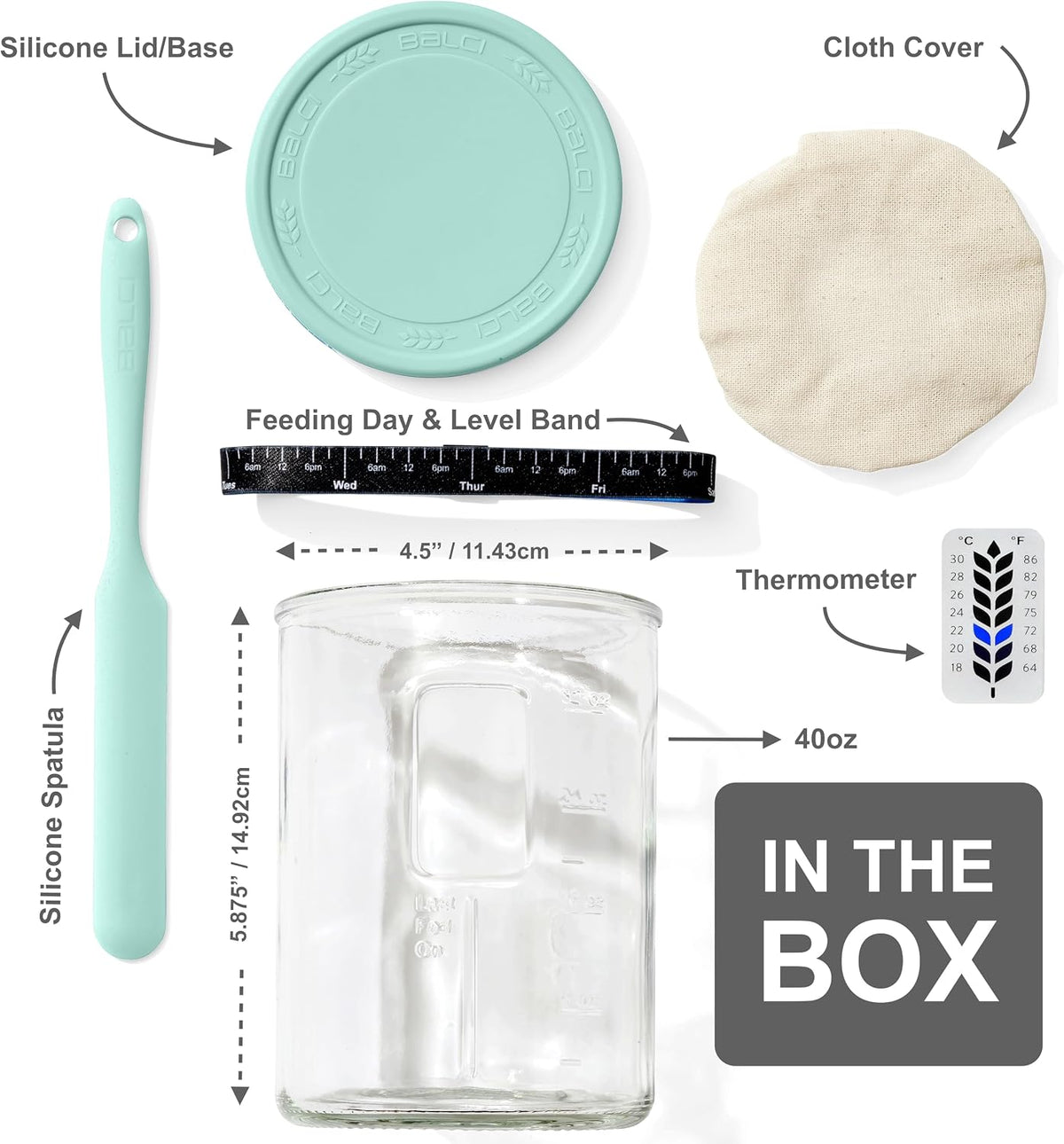 BALCI Premium Sourdough Starter Jar - 40oz Wide Mouth Kit (Blue)
