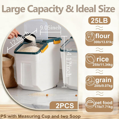 RUIAN 2Pcs Large Flour Storage Container Bin 50Lb Airtight Rice Storage Containers with Wheels Seal Locking Lid, BPA Free with Measuring Cup&Scoop for Flour, Rice, Grain 100LBS Total (Blue)