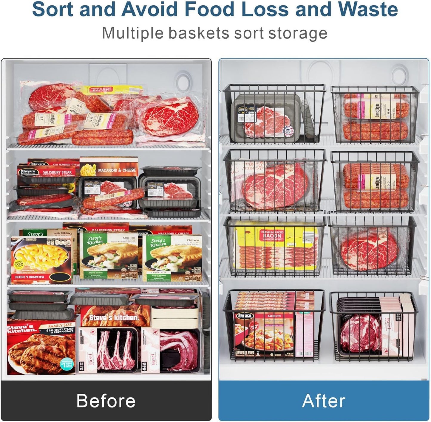 iSPECLE Freezer Organizer Bins - 4 Pack Upright Freezer Baskets for 17/21 Cu.Ft Stand Up Freezer, Wire Storage for Reach-In Freezer, Slide-Out Access, Prevents Items Falling, 2 Large 2 Medium, White