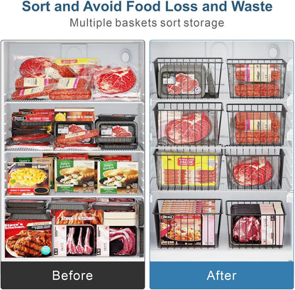 iSPECLE Freezer Organizer Bins - 4 Pack Upright Freezer Baskets for 17/21 Cu.Ft Stand Up Freezer, Wire Storage for Reach-In Freezer, Slide-Out Access, Prevents Items Falling, 2 Large 2 Medium, White