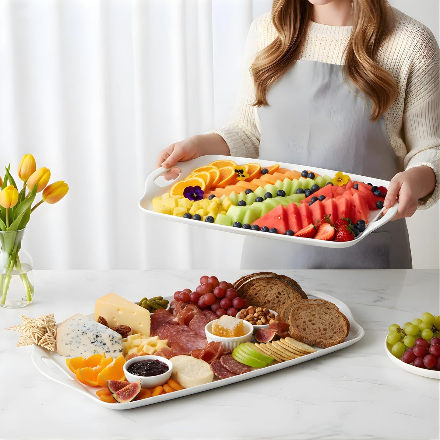 TP Large Serving Trays with Handles, 19" x 12" Melamine Serving Platters for Food, Turkey, Set of 2 Rectangular Trays for Party, Pure White