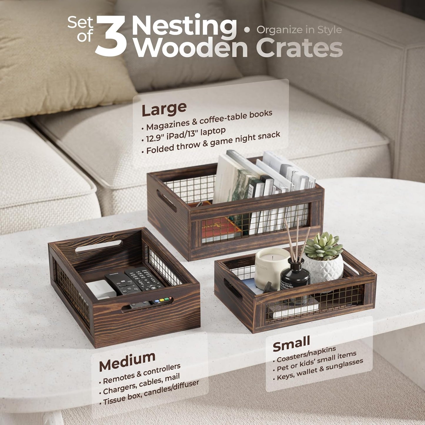 Set of 3 Wooden Nesting Countertop Baskets, Rustic Wood Storage Crates with Handles for Kitchen, Pantry, Bathroom, Fruit, Vegetables, Bread