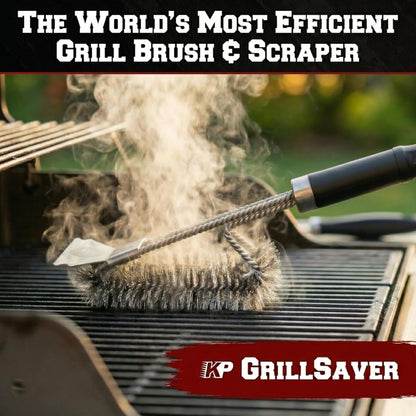 KITCHEN PERFECTION GrillSaver - Safe BBQ Grill Brush for Outdoor Grill with Replaceable Cleaning Head -Heavy-Duty Grill Cleaner with Scraper for All Grates +2 Bonuses -Best Grilling Gifts for Men