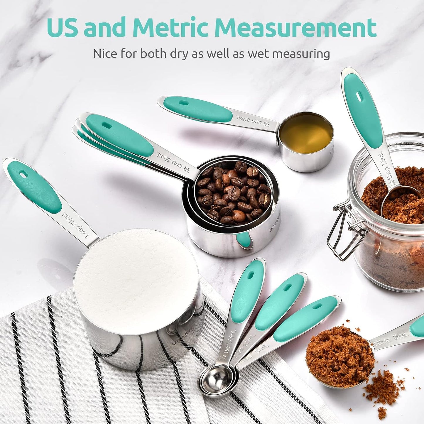 U-Taste 12 Piece Measuring Cups and Spoons Set in 18/8 Stainless Steel : 7 Measuring Cups & 5 Measuring Spoons