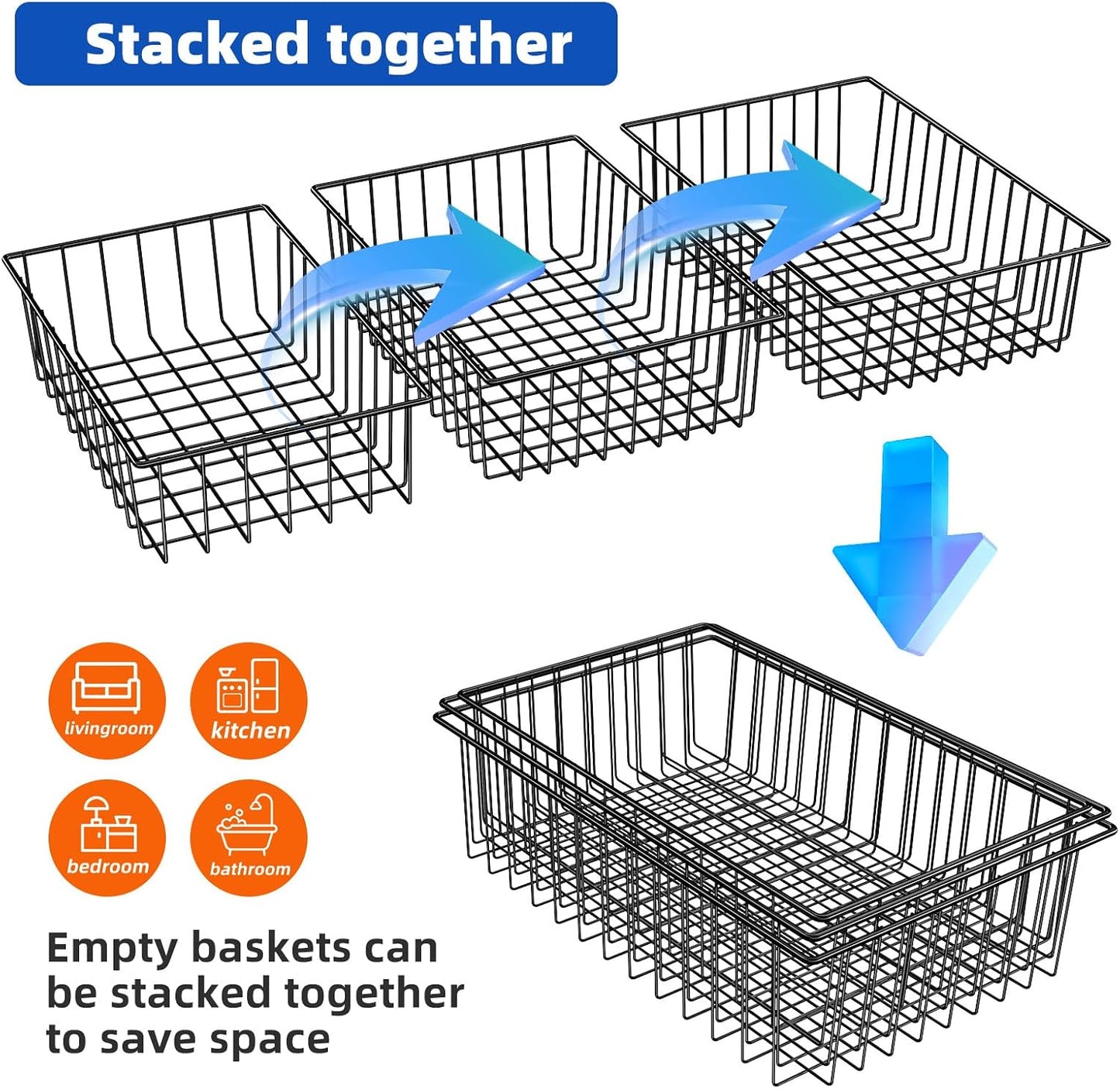 Simple Trending 6 Pack Large Wire Baskets for Organization, Metal Pantry Storage Baskets for Cabinet, Kitchen, Garage, Bathroom, Black