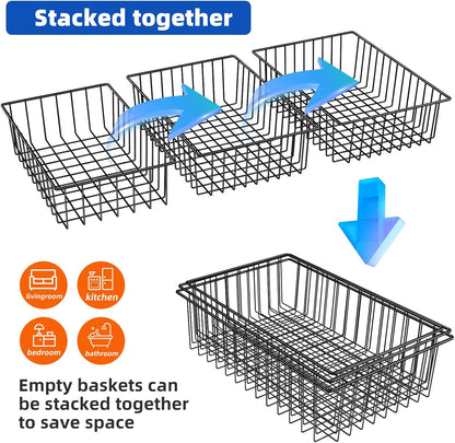 Simple Trending 6 Pack Large Wire Baskets for Organization, Metal Pantry Storage Baskets for Cabinet, Kitchen, Garage, Bathroom, Black