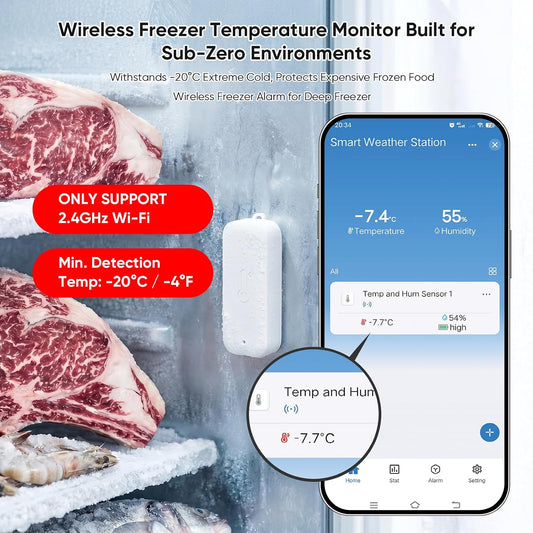 WiFi Freezer Thermometer with App Alarm, 2 Wireless Sensors Fridge Monitor