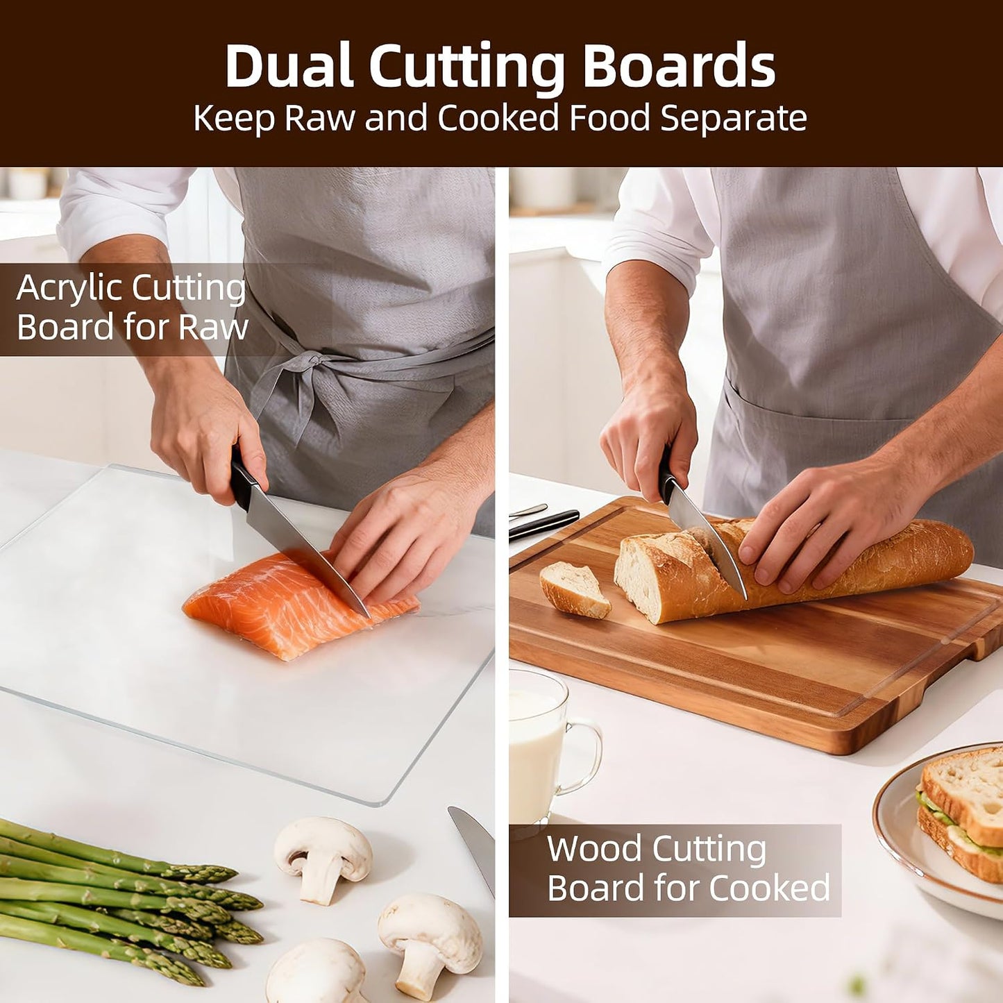 Cutting Board Set of 2 – Checkered Wood & Acrylic Cutting Board with Counter Lip for Kitchen Counter, Wood Checkerboard Chopping Board with Juice Grooves for Vegetables, Fruits, Meat