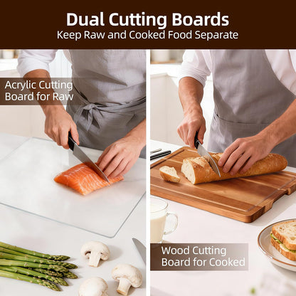 Cutting Board Set of 2 – Checkered Wood & Acrylic Cutting Board with Counter Lip for Kitchen Counter, Wood Checkerboard Chopping Board with Juice Grooves for Vegetables, Fruits, Meat