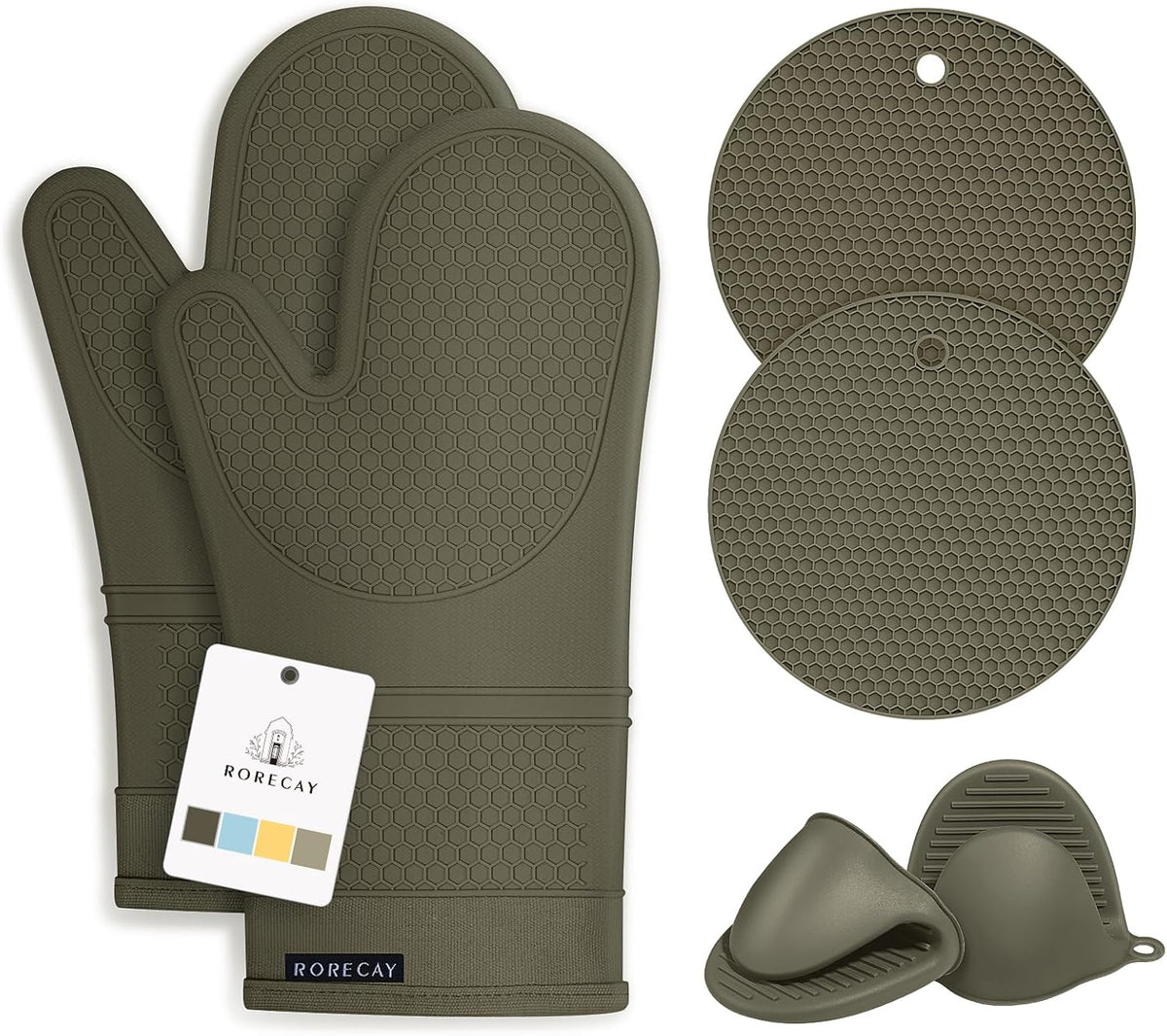 RORECAY Silicone Oven Mitts and Pot Holders Sets, Gloves for Kitchen, Beige