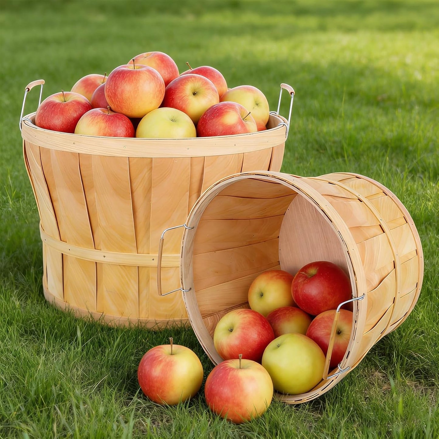5 Pack Jumbo Half Bushel Baskets 14 x 9.5 Inch, Large Natural Wooden Harvest Apple Baskets with Handles for Harvest Fruit Plants, Farmers Market, Produce, and Home Storage Use