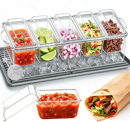 Chilled Condiment Caddy, 5 Containers with Secure Lids, Drain Plug & Gray Silicone Mat, Holds 80 oz Ice. Large Taco Bar Serving Set, Multi-Use for Mimosa Bar, Salad, Fruit, Party Garnishes