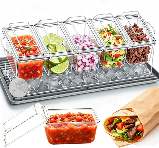 Chilled Condiment Caddy, 5 Containers with Secure Lids, Drain Plug & Gray Silicone Mat, Holds 80 oz Ice. Large Taco Bar Serving Set, Multi-Use for Mimosa Bar, Salad, Fruit, Party Garnishes