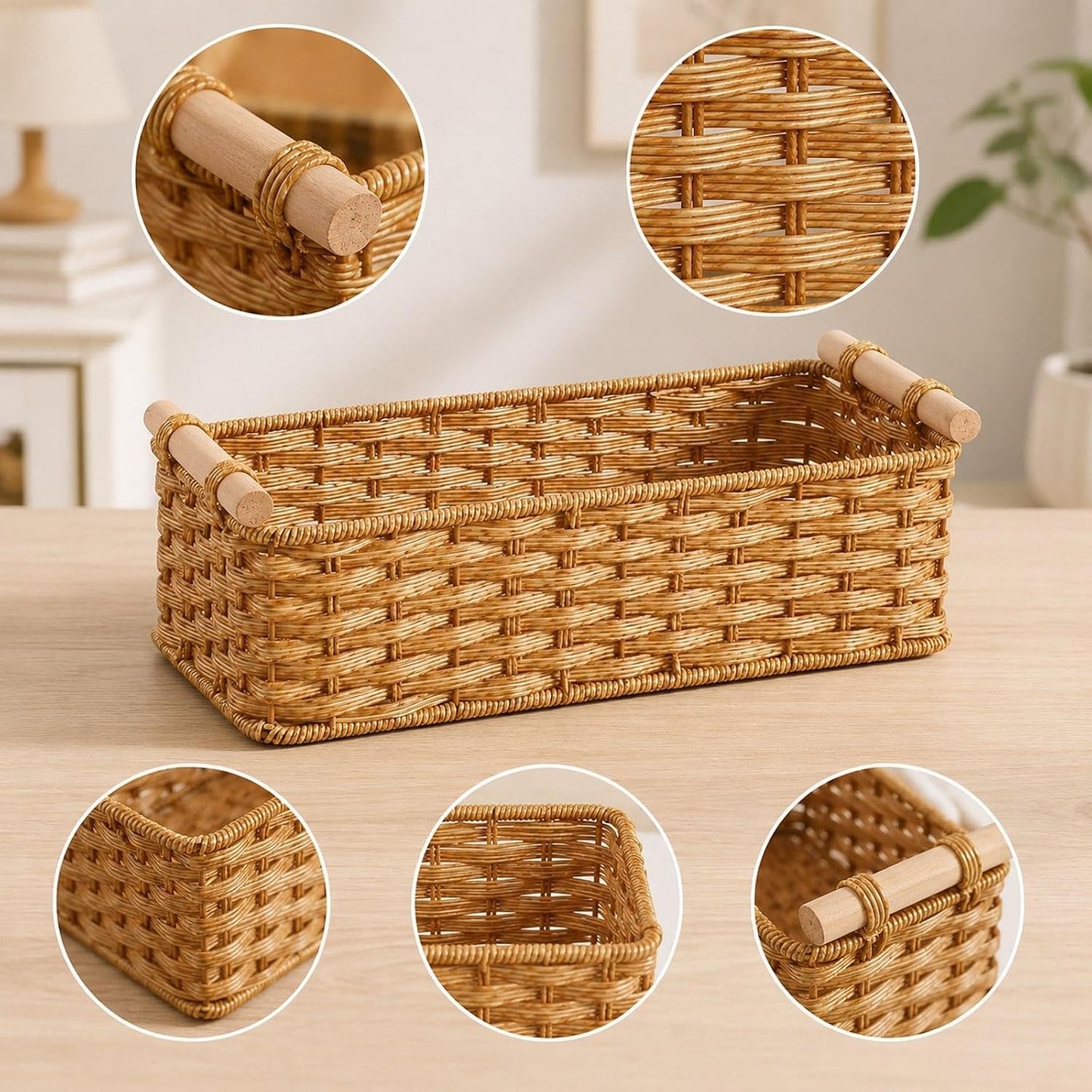 Handwoven Storage Basket Decorative Basket Rectangular with Handles Organizer for Living Room Toilet Pantry Bookcase Cabinet, Style B