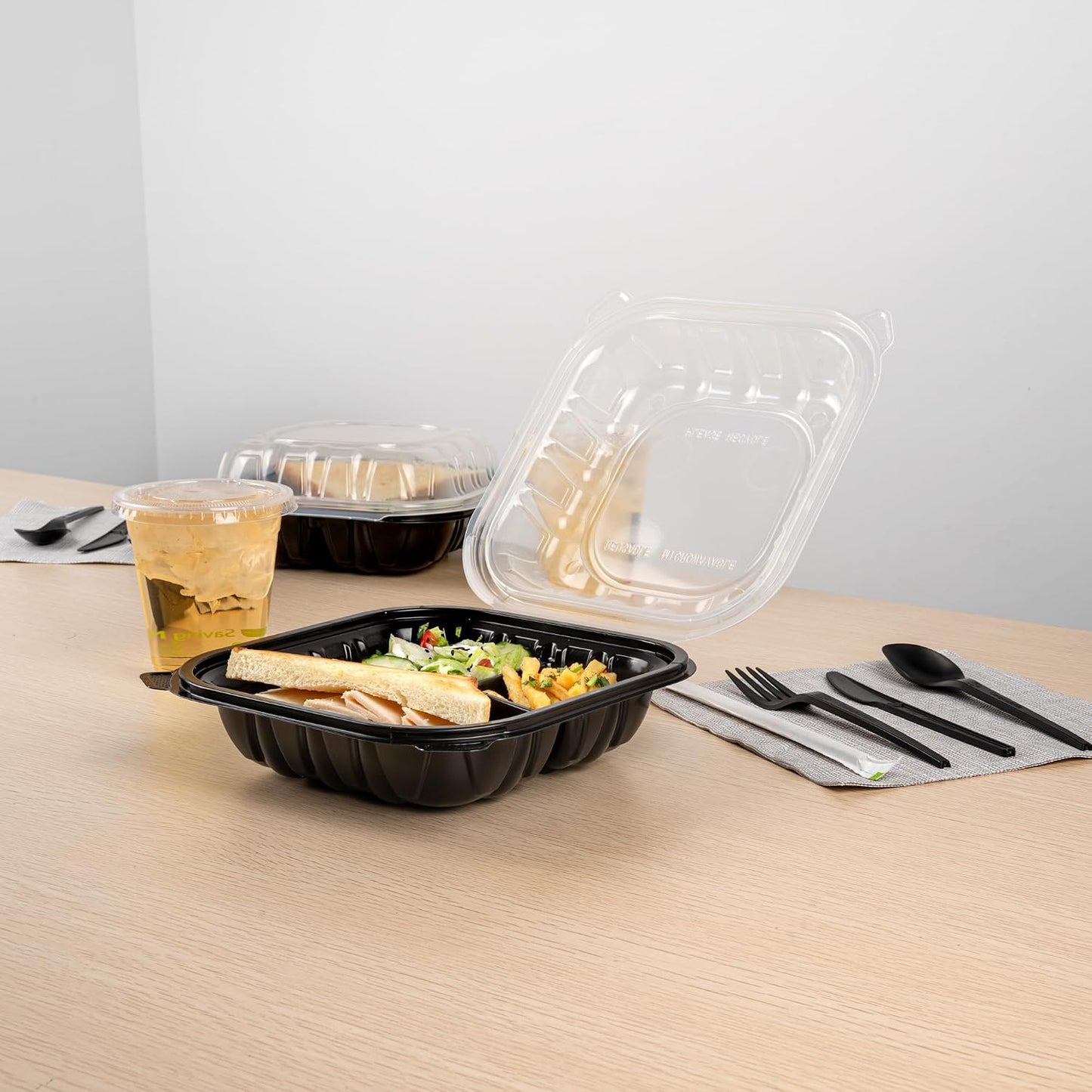 Thermo Tek 40 Ounce Clamshell Containers, 50 Disposable Take Out Boxes - 3 Compartments, Ventilated Lids, Black Plastic Meal Prep Containers, Microwavable, For Pasta Or Salads - Restaurantware