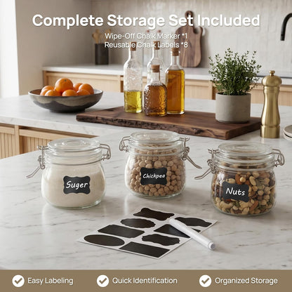Vtopmart 78oz Glass Food Storage Jars with Airtight Clamp Lids, 3 Pack Large Kitchen Canisters for Flour, Sugar, Cereal, Coffee, Pasta and Canning, Square Mason Jars with 8 Reusable Labels
