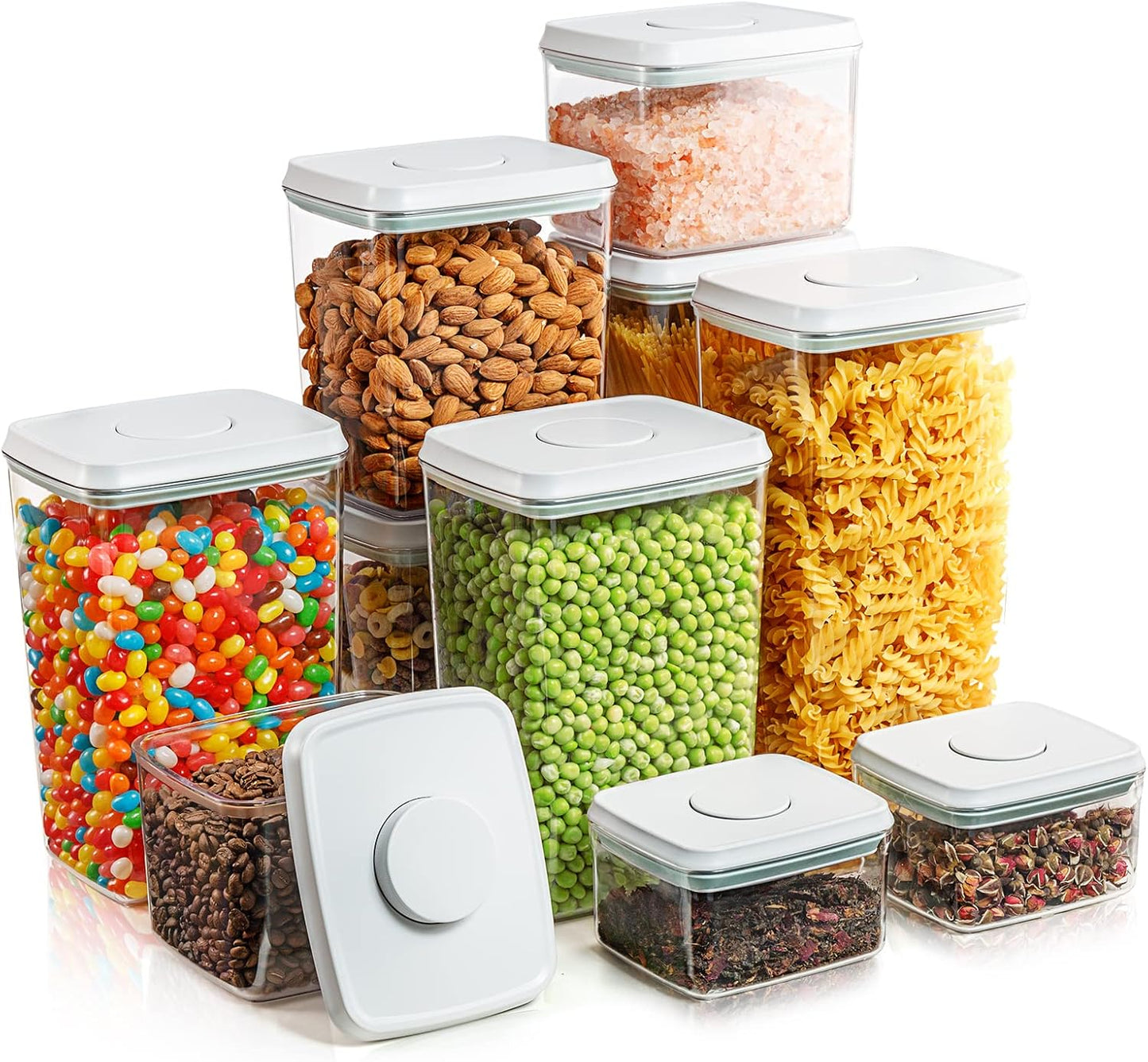 Airtight Food Storage Containers, 5 PCS Clear Pantry Organizers, BPA-Free Stackable Canisters with Measurement Marks & Pop-Top Lids for Cereal, Flour, Sugar, Rice, Pasta & Dry Food
