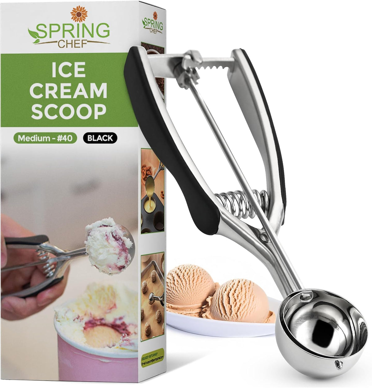 Spring Chef Extra Large Stainless Steel Cookie Scoop, #10, 5.5 Tbsp, Black