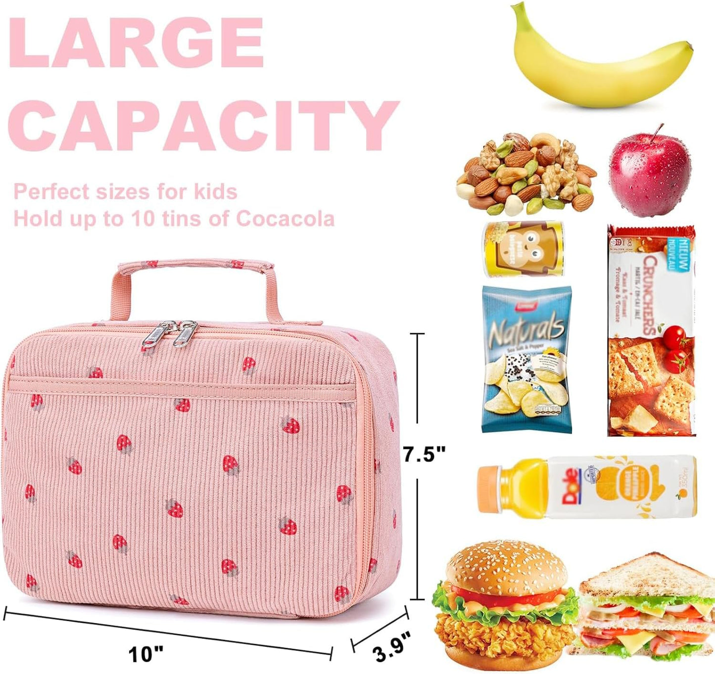 Bluboon Insulated Lunch Bag for Girls & Boys, Corduroy School Lunch Box with Cooler & Organizer Compartments, Leak-Proof Lunch Tote for School, Travel (Corduroy Strawberries Beige)