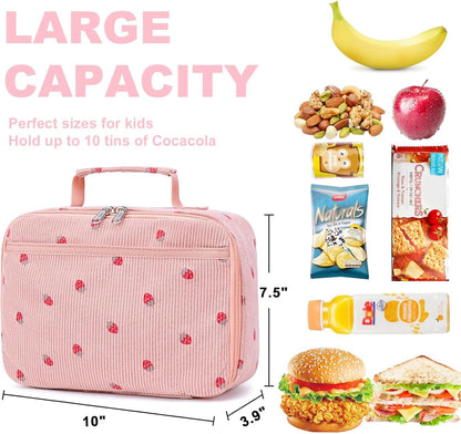 Bluboon Insulated Lunch Bag for Girls & Boys, Corduroy School Lunch Box with Cooler & Organizer Compartments, Leak-Proof Lunch Tote for School, Travel (Corduroy Strawberries Beige)
