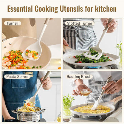 Silicone Kitchen Utensils Set, 10 Piece Silicone Cooking Utensils Set with Holder, Heat-Resistant Non Stick Cooking Tools Set with Spatula,Turner Ladle Skimmer Pasta Fork,BPA Free (Khaki)